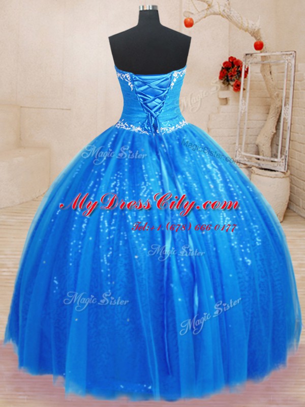 Dazzling Floor Length Royal Blue Ball Gown Prom Dress Tulle and Sequined Sleeveless Beading and Appliques