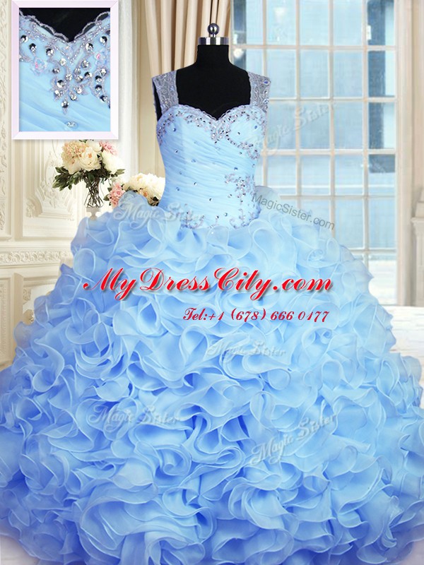 Exquisite Organza Straps Sleeveless Zipper Beading and Ruffles Sweet 16 Dresses in Baby Blue