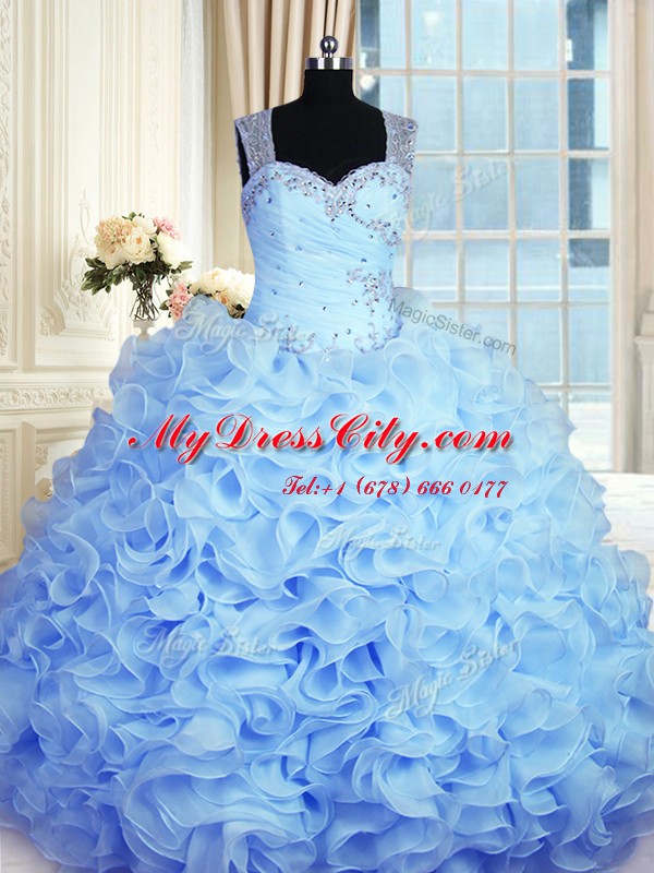 Exquisite Organza Straps Sleeveless Zipper Beading and Ruffles Sweet 16 Dresses in Baby Blue