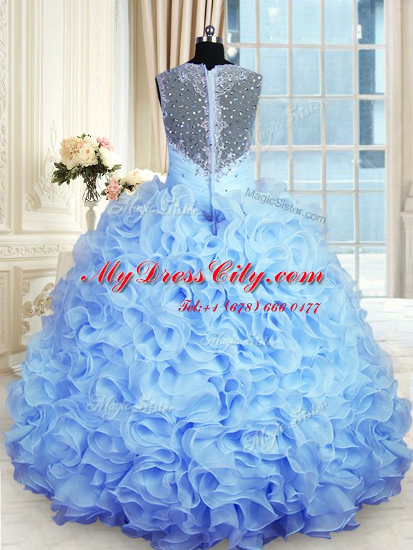 Exquisite Organza Straps Sleeveless Zipper Beading and Ruffles Sweet 16 Dresses in Baby Blue