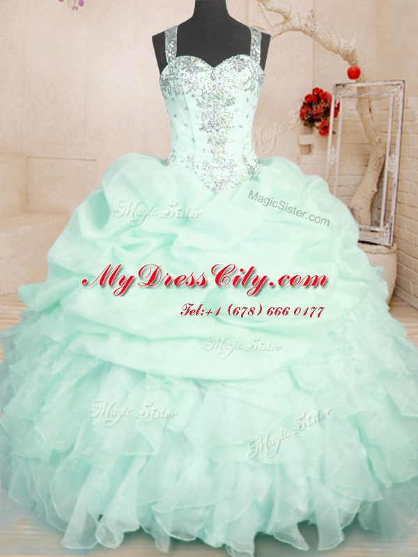 Custom Designed Straps Sleeveless Quinceanera Gown Floor Length Beading and Ruffles and Pick Ups Apple Green Organza