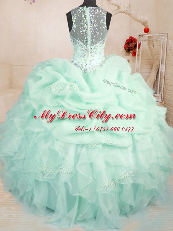 Custom Designed Straps Sleeveless Quinceanera Gown Floor Length Beading and Ruffles and Pick Ups Apple Green Organza