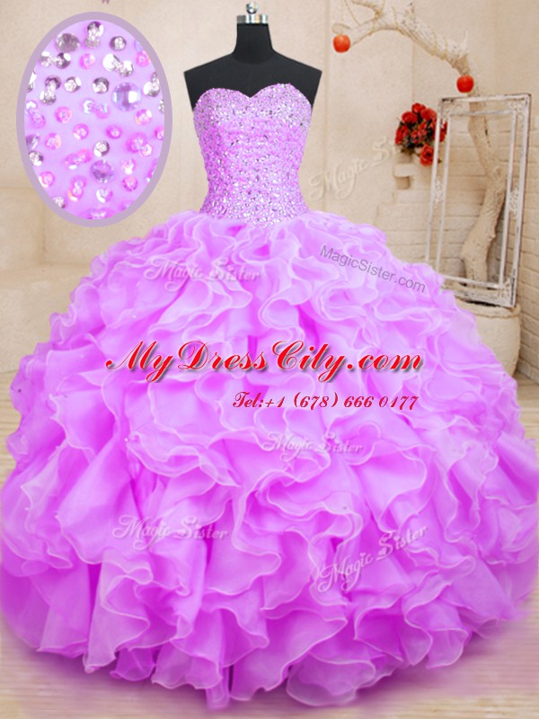 Chic Lilac Sweetheart Lace Up Beading and Ruffles Sweet 16 Dresses Sleeveless