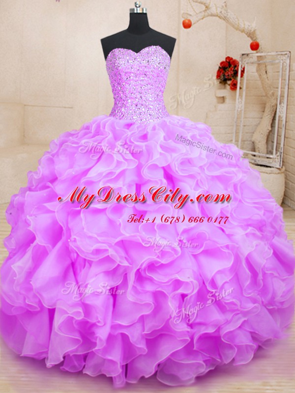 Chic Lilac Sweetheart Lace Up Beading and Ruffles Sweet 16 Dresses Sleeveless