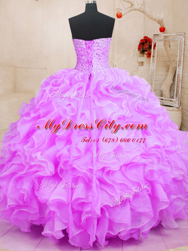 Chic Lilac Sweetheart Lace Up Beading and Ruffles Sweet 16 Dresses Sleeveless