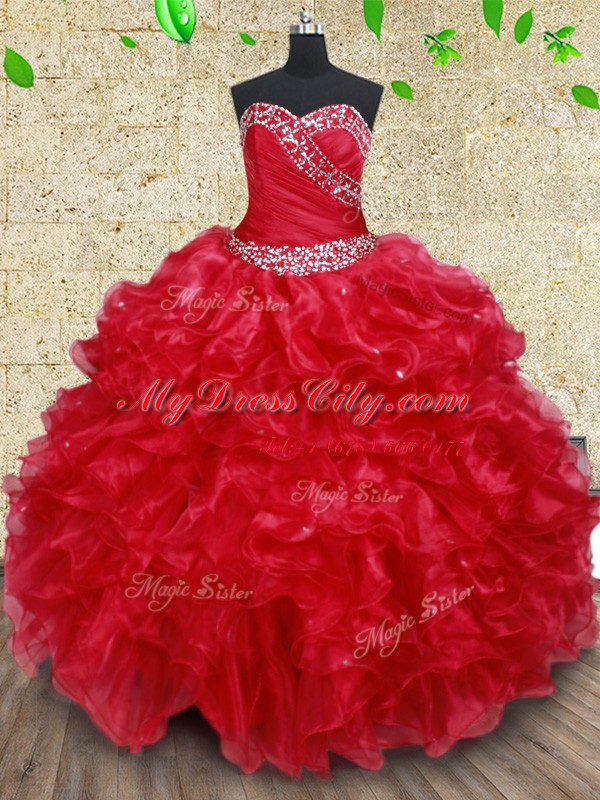 Captivating Red Ball Gowns Organza Sweetheart Sleeveless Beading and Ruffles Floor Length Lace Up Vestidos de Quinceanera