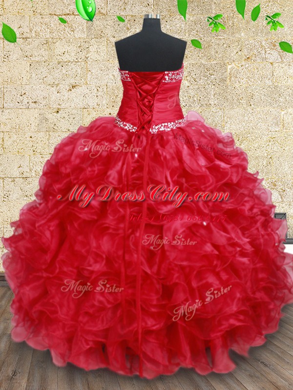 Captivating Red Ball Gowns Organza Sweetheart Sleeveless Beading and Ruffles Floor Length Lace Up Vestidos de Quinceanera