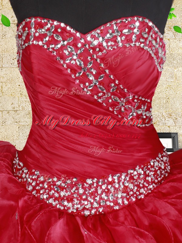 Captivating Red Ball Gowns Organza Sweetheart Sleeveless Beading and Ruffles Floor Length Lace Up Vestidos de Quinceanera