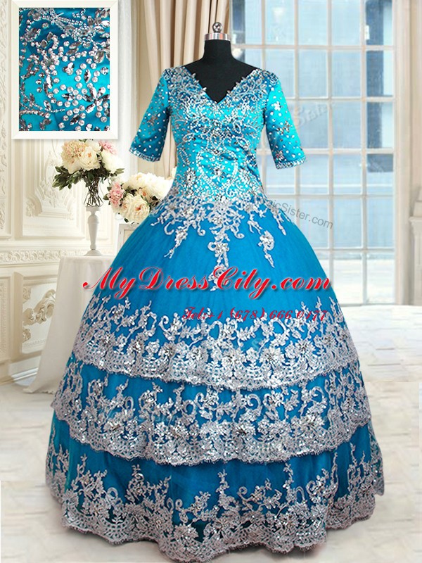 Luxury Teal Sweet 16 Dresses Military Ball and Sweet 16 and Quinceanera and For with Beading and Lace and Appliques and Ruffled Layers V-neck Half Sleeves Zipper