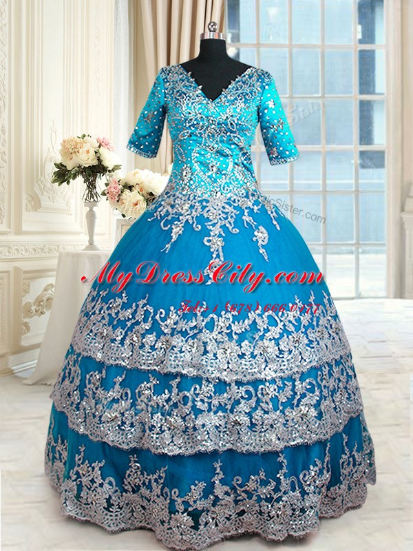 Luxury Teal Sweet 16 Dresses Military Ball and Sweet 16 and Quinceanera and For with Beading and Lace and Appliques and Ruffled Layers V-neck Half Sleeves Zipper