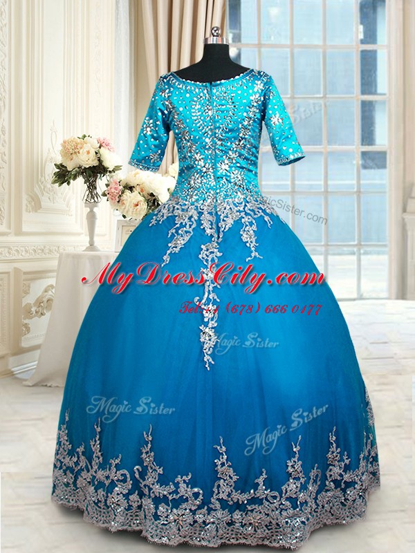 Luxury Teal Sweet 16 Dresses Military Ball and Sweet 16 and Quinceanera and For with Beading and Lace and Appliques and Ruffled Layers V-neck Half Sleeves Zipper