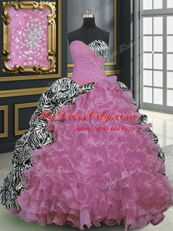 Classical Rose Pink Ball Gowns Sweetheart Sleeveless Organza and Printed With Brush Train Lace Up Beading and Ruffles and Pattern Quinceanera Dress