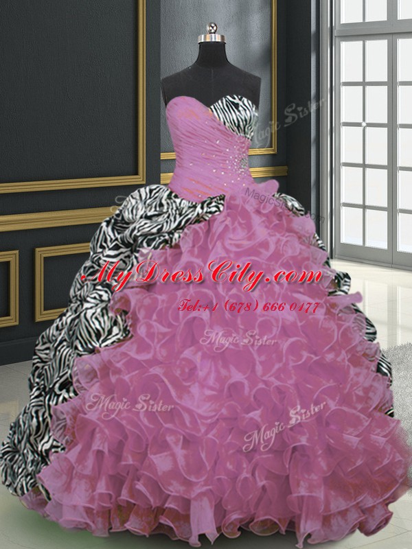 Classical Rose Pink Ball Gowns Sweetheart Sleeveless Organza and Printed With Brush Train Lace Up Beading and Ruffles and Pattern Quinceanera Dress