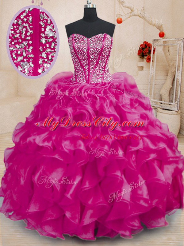 Beading and Ruffles Quinceanera Gown Fuchsia Lace Up Sleeveless Floor Length