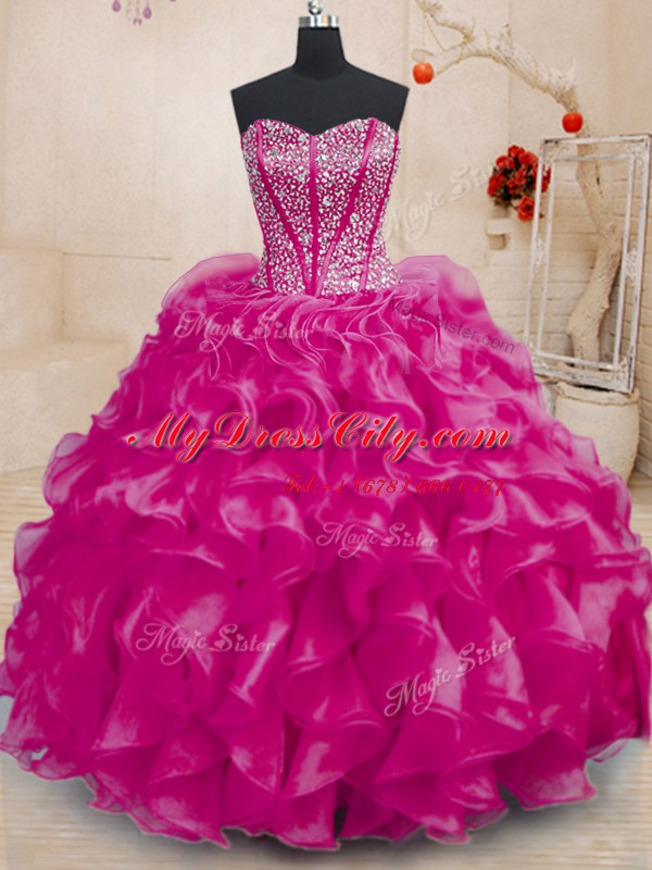 Beading and Ruffles Quinceanera Gown Fuchsia Lace Up Sleeveless Floor Length