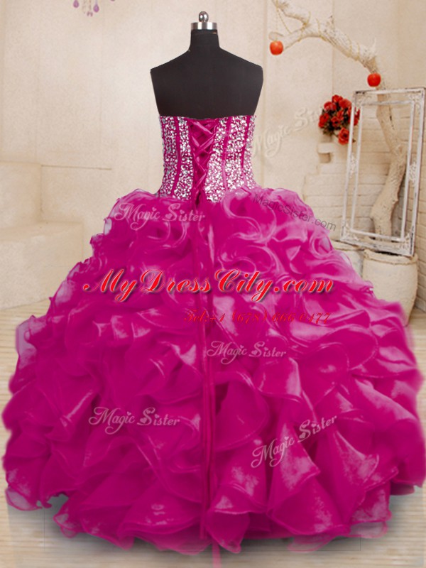 Beading and Ruffles Quinceanera Gown Fuchsia Lace Up Sleeveless Floor Length