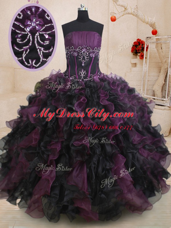 Customized Multi-color Ball Gowns Organza Strapless Sleeveless Beading and Ruffles Floor Length Lace Up Sweet 16 Dress