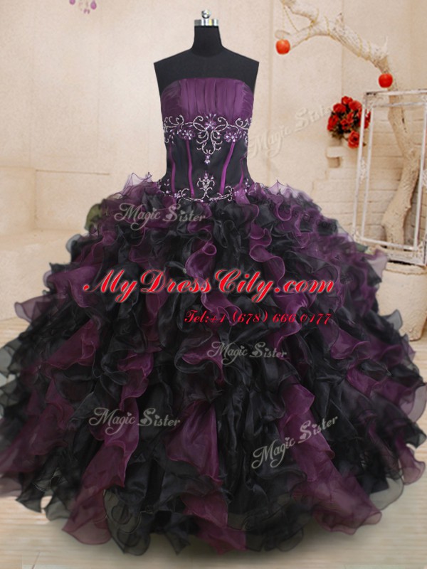 Customized Multi-color Ball Gowns Organza Strapless Sleeveless Beading and Ruffles Floor Length Lace Up Sweet 16 Dress