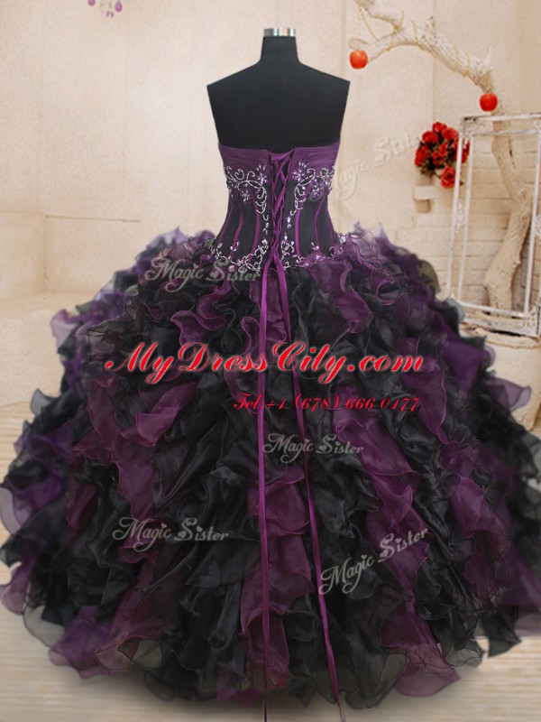 Customized Multi-color Ball Gowns Organza Strapless Sleeveless Beading and Ruffles Floor Length Lace Up Sweet 16 Dress