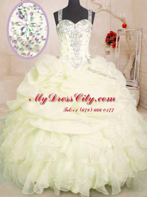 Custom Made Pick Ups Floor Length Ball Gowns Sleeveless Light Yellow Quinceanera Gowns Zipper