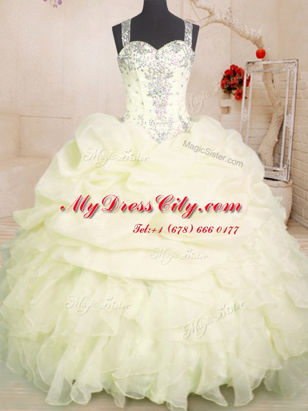 Custom Made Pick Ups Floor Length Ball Gowns Sleeveless Light Yellow Quinceanera Gowns Zipper