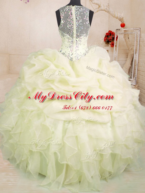 Custom Made Pick Ups Floor Length Ball Gowns Sleeveless Light Yellow Quinceanera Gowns Zipper