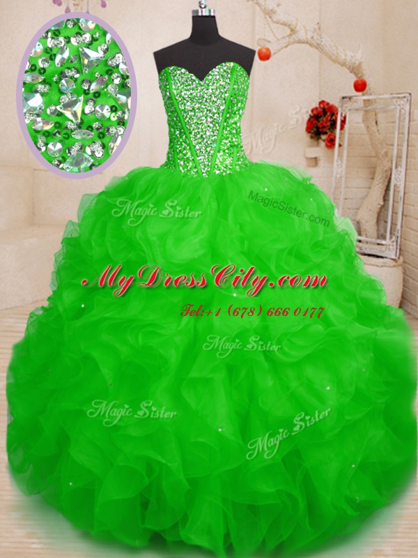 Comfortable Beading and Ruffles Quinceanera Dresses Green Lace Up Sleeveless Floor Length