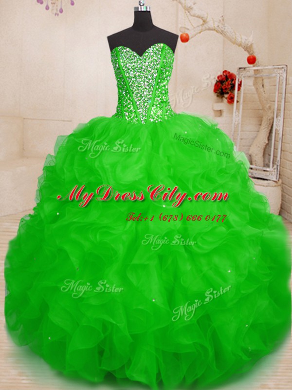 Comfortable Beading and Ruffles Quinceanera Dresses Green Lace Up Sleeveless Floor Length