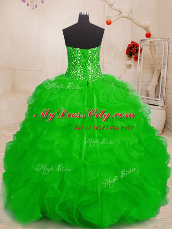 Comfortable Beading and Ruffles Quinceanera Dresses Green Lace Up Sleeveless Floor Length