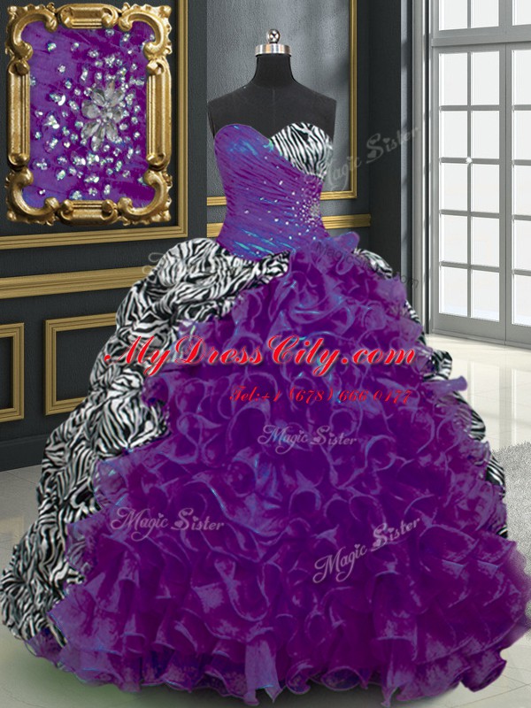 Sweetheart Sleeveless Brush Train Lace Up Quinceanera Dress Purple Organza and Printed