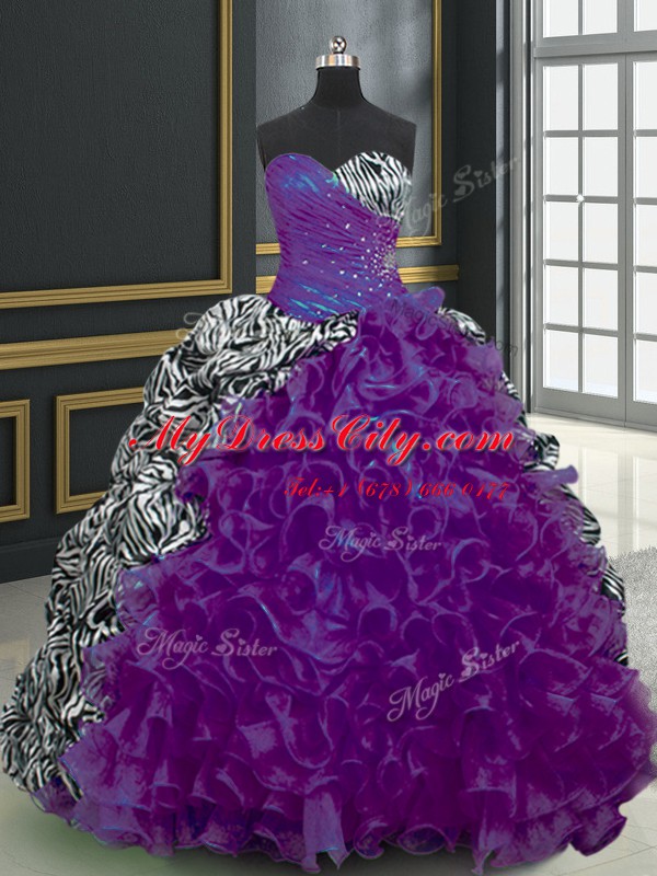 Sweetheart Sleeveless Brush Train Lace Up Quinceanera Dress Purple Organza and Printed