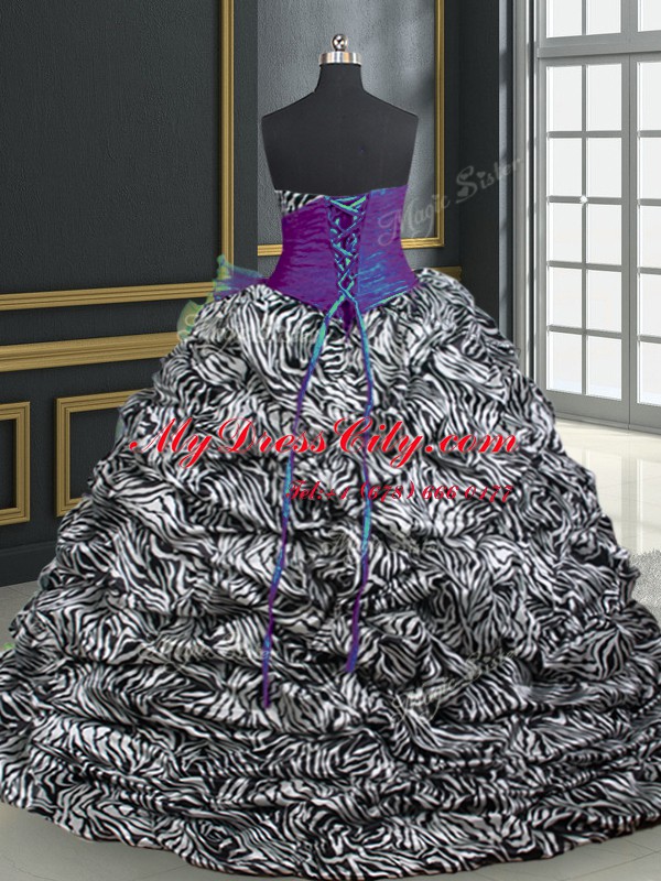 Sweetheart Sleeveless Brush Train Lace Up Quinceanera Dress Purple Organza and Printed