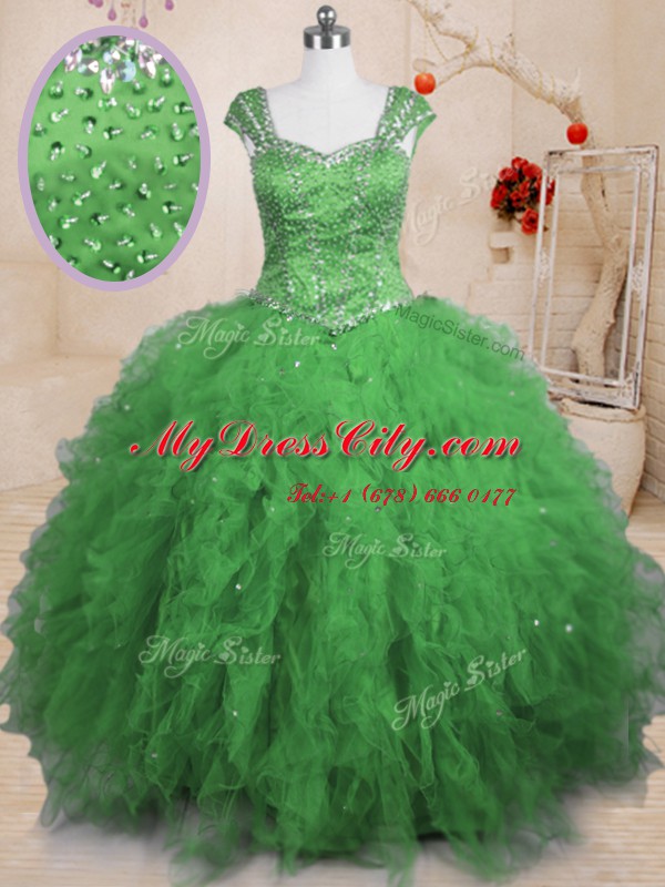 Cap Sleeves Tulle Lace Up Quinceanera Dress for Military Ball and Sweet 16 and Quinceanera