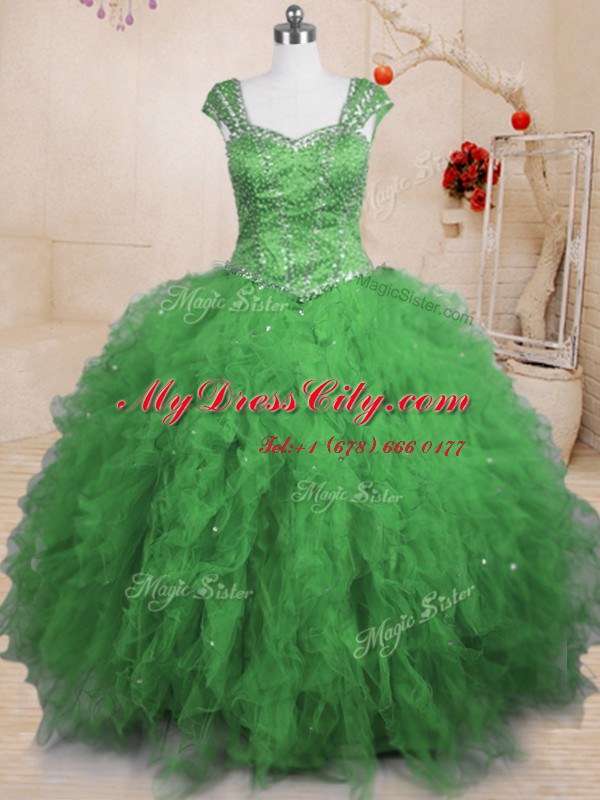 Cap Sleeves Tulle Lace Up Quinceanera Dress for Military Ball and Sweet 16 and Quinceanera