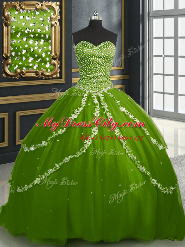 Admirable With Train Lace Up 15th Birthday Dress Olive Green for Military Ball and Sweet 16 and Quinceanera with Beading and Appliques Brush Train