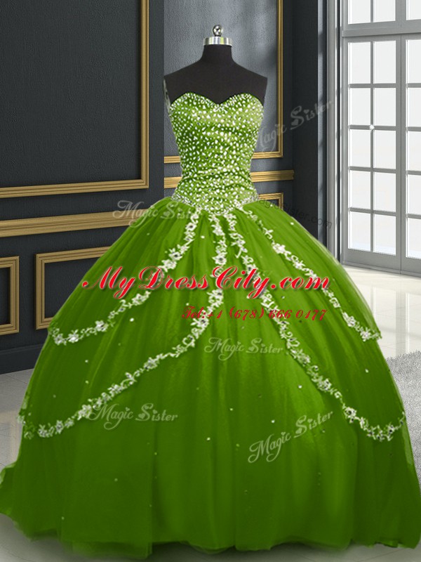 Admirable With Train Lace Up 15th Birthday Dress Olive Green for Military Ball and Sweet 16 and Quinceanera with Beading and Appliques Brush Train