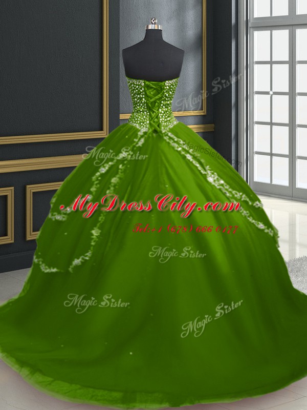 Admirable With Train Lace Up 15th Birthday Dress Olive Green for Military Ball and Sweet 16 and Quinceanera with Beading and Appliques Brush Train