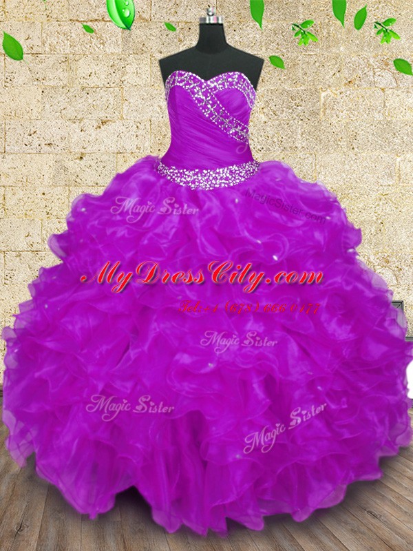 Superior Organza Halter Top Sleeveless Lace Up Beading and Ruffles and Ruching Sweet 16 Quinceanera Dress in Purple