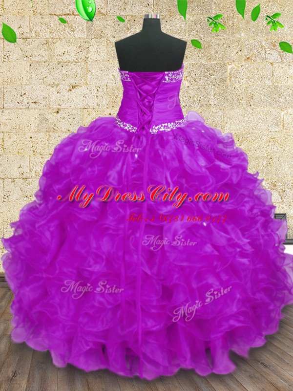 Superior Organza Halter Top Sleeveless Lace Up Beading and Ruffles and Ruching Sweet 16 Quinceanera Dress in Purple