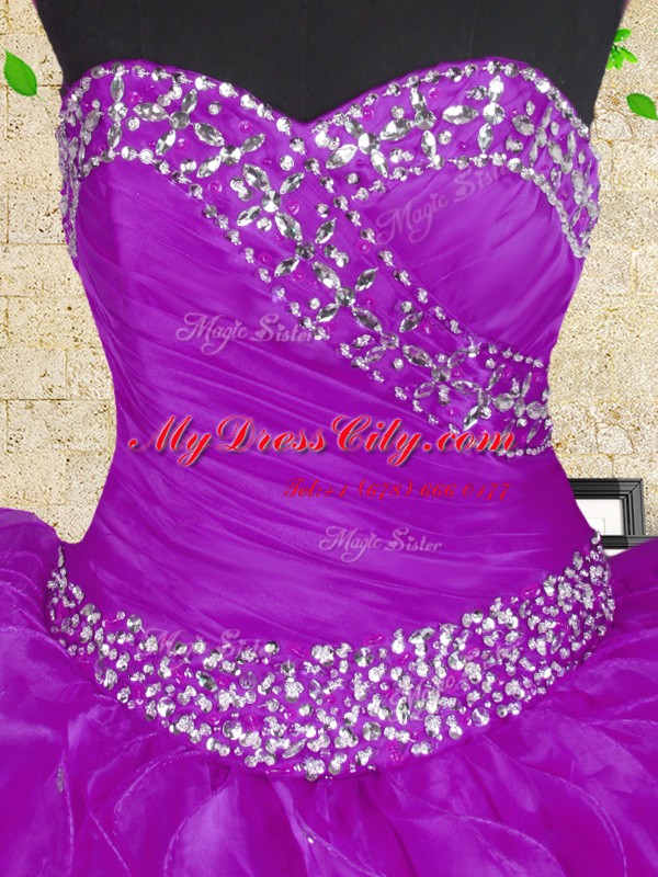 Superior Organza Halter Top Sleeveless Lace Up Beading and Ruffles and Ruching Sweet 16 Quinceanera Dress in Purple