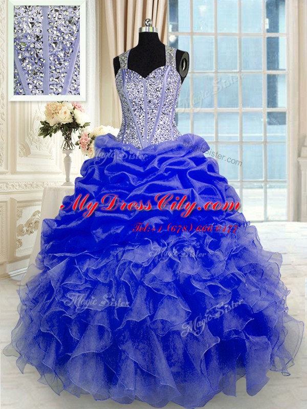 Ideal Blue Zipper Ball Gown Prom Dress Beading and Ruffles Sleeveless Floor Length