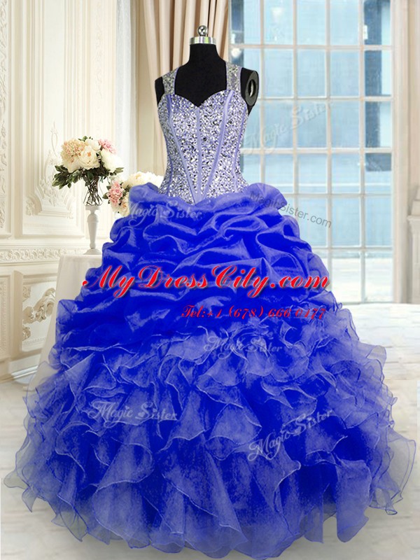 Ideal Blue Zipper Ball Gown Prom Dress Beading and Ruffles Sleeveless Floor Length