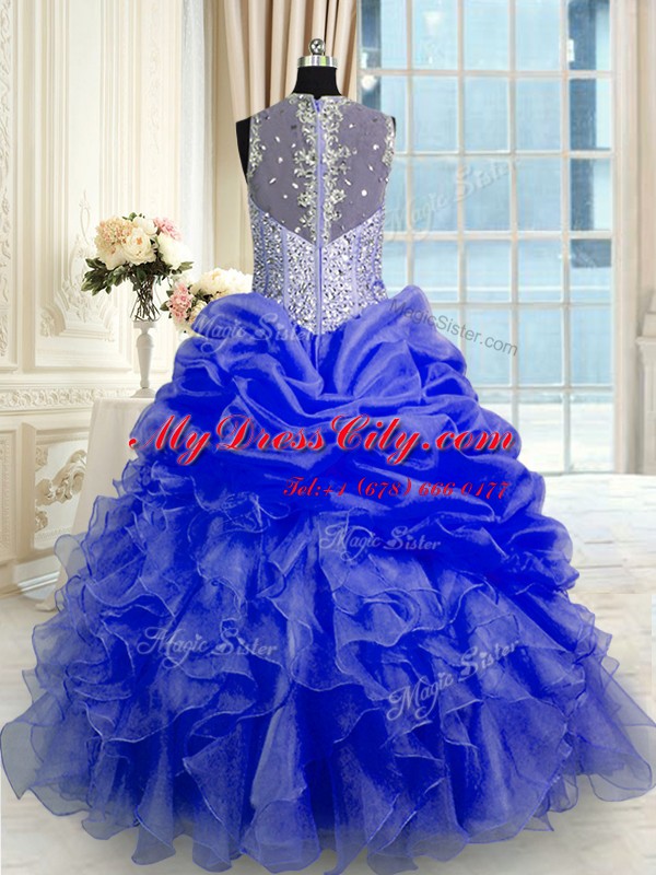 Ideal Blue Zipper Ball Gown Prom Dress Beading and Ruffles Sleeveless Floor Length