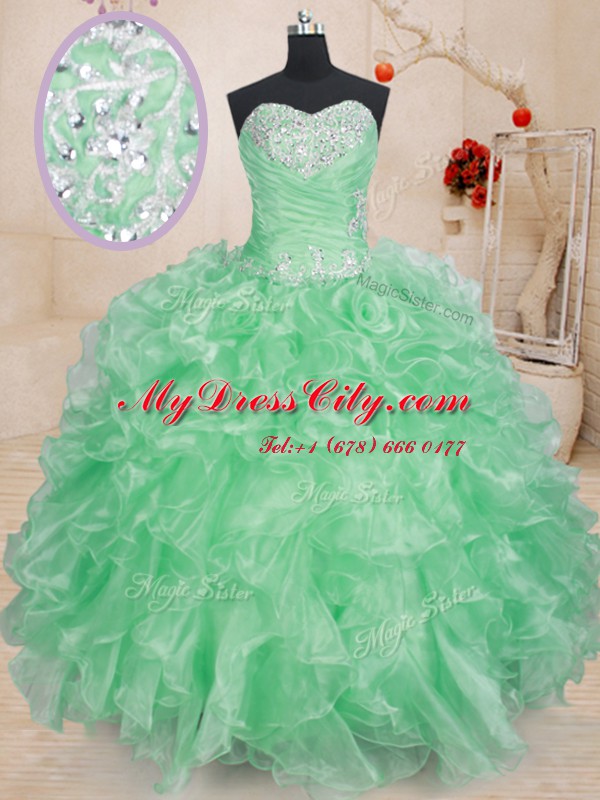 Sleeveless Organza Floor Length Lace Up 15th Birthday Dress in Apple Green with Beading and Ruffles and Pick Ups