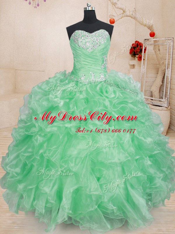 Sleeveless Organza Floor Length Lace Up 15th Birthday Dress in Apple Green with Beading and Ruffles and Pick Ups