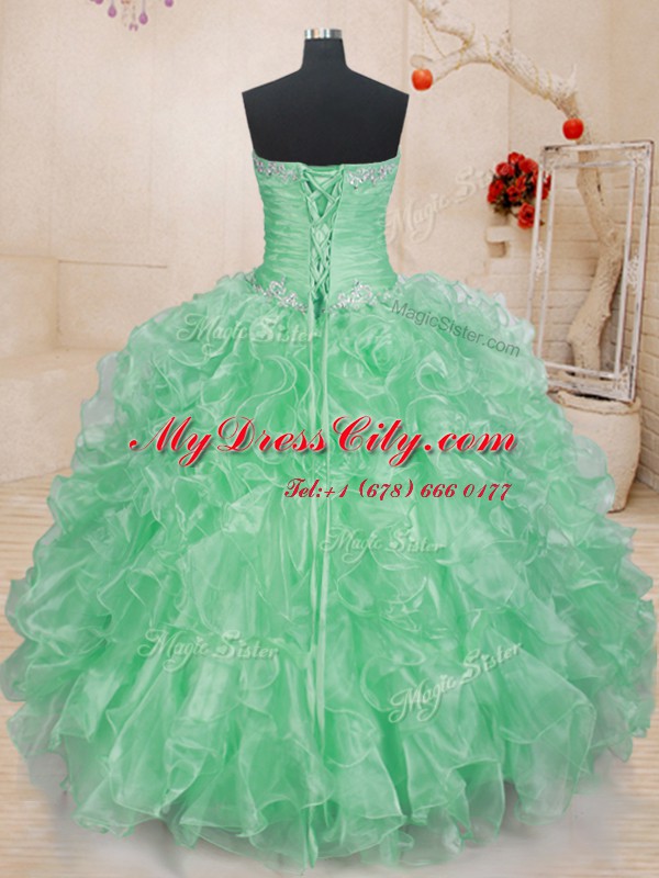 Sleeveless Organza Floor Length Lace Up 15th Birthday Dress in Apple Green with Beading and Ruffles and Pick Ups