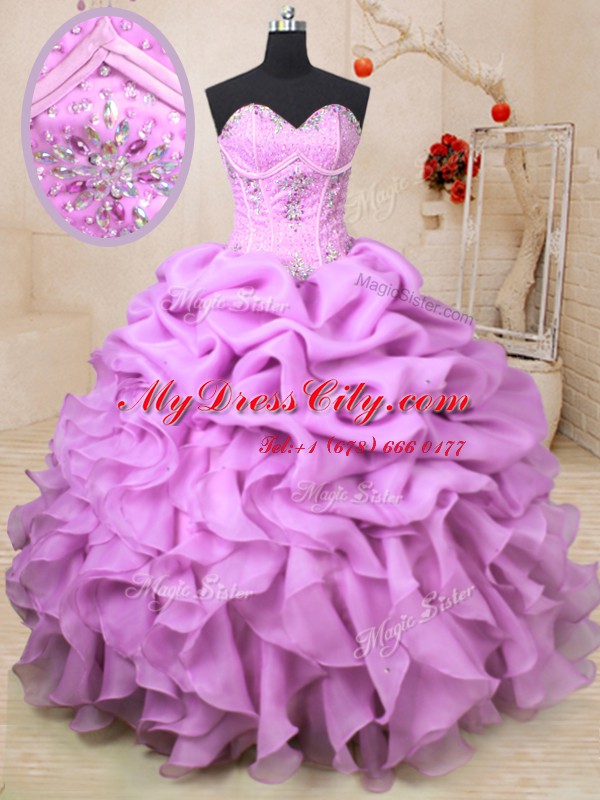 Sweetheart Sleeveless Sweet 16 Quinceanera Dress Floor Length Beading and Ruffles and Pick Ups Lilac Organza