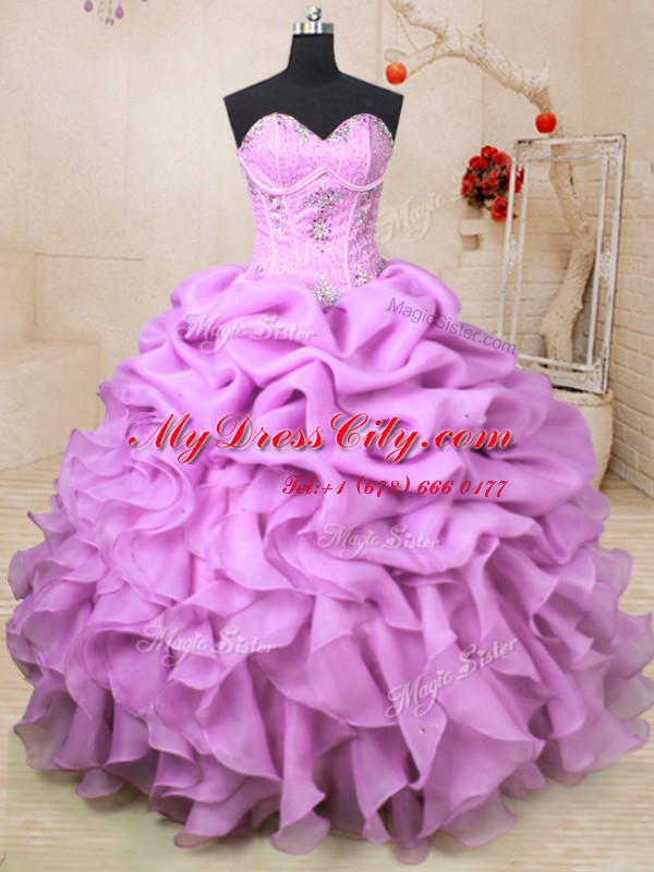 Sweetheart Sleeveless Sweet 16 Quinceanera Dress Floor Length Beading and Ruffles and Pick Ups Lilac Organza