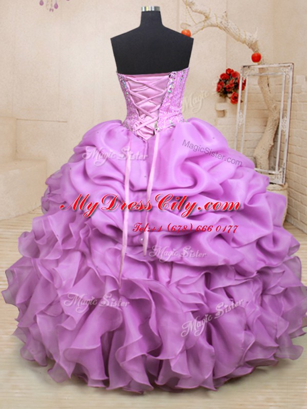 Sweetheart Sleeveless Sweet 16 Quinceanera Dress Floor Length Beading and Ruffles and Pick Ups Lilac Organza