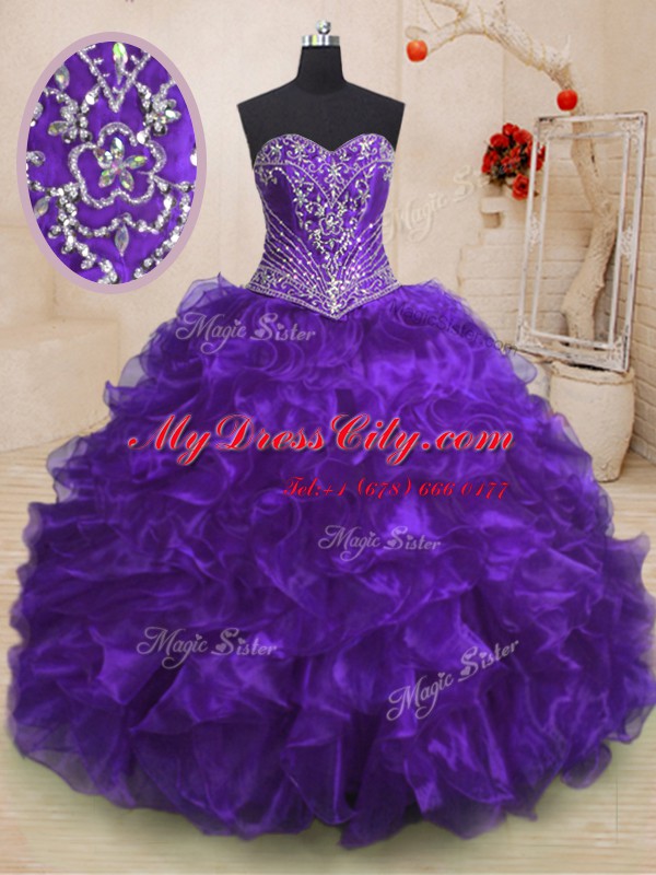 Suitable Purple Lace Up Sweetheart Beading and Ruffles Quince Ball Gowns Organza Sleeveless Sweep Train